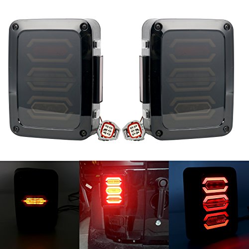 UPC 602989770839, Pair Jeep Smoked LED Tail Lights for Jeep Wrangler Taillights Reverse Light Real Back Up Turn Signal Lamp Daytime Running Lights DRL for Jeep Wrangler JK JKU Sports, Sahara, Freedom Rubicon 2007-2016