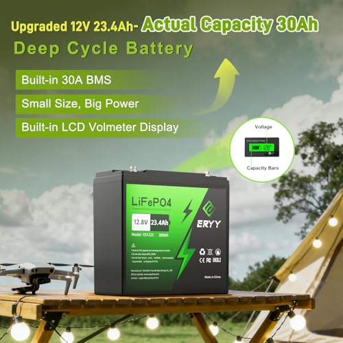 ERYY 12V 23.4Ah(30Ah) LiFePO4 Lithium Deep Cycle Battery With 30A BMS & Voltage Indicator, 12 Volt Battery Lithium Iron Phosphate for Fish Finder, Ham Radio, Solar, Lighting, Camping