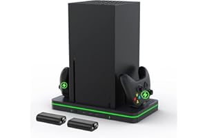 Charging Stand with Cooling Fan, CODOGOY Vertical Stand Compatible with Xbox Series X/S Console&Controller, Dual Controller Charger Station Dock with 3 USB Ports,2*1100 mAh Rechargeable Battery Packs