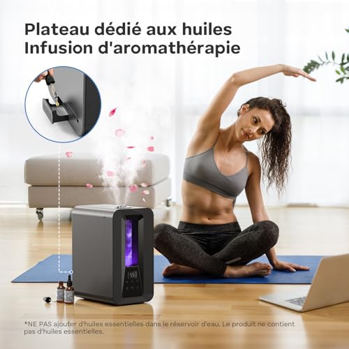 Humidificateur d'Air Chambre Top-Fill, 5L Ultrasonique Brume Froide avec Diffuseur Aromes, Hygrostat Intelligent, Veilleuse, 50H/25dB Silencieux pour Bureau Bébé Plantes