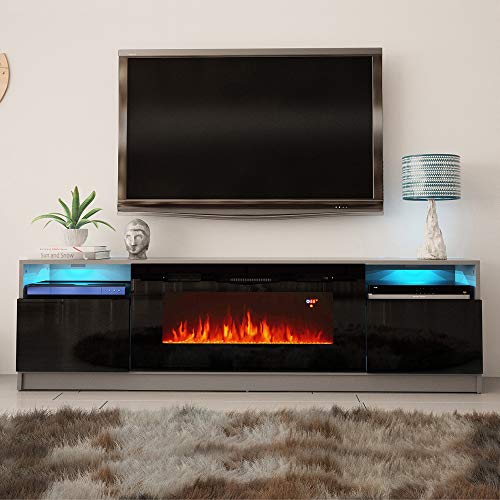 MEBLE FURNITURE & RUGS York 02 Electric Fireplace Modern 79" TV Stand (Gray/Black)