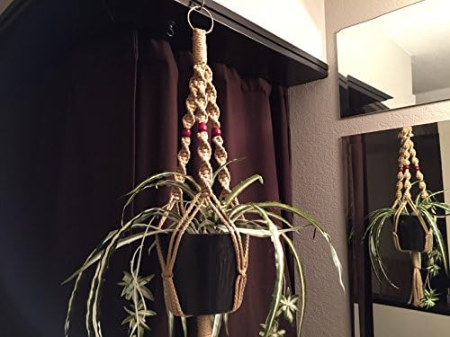 SHORT Macrame Plant Hanger SAND color with 3 BURGUNDY BEADS 30" LONG Made in USA