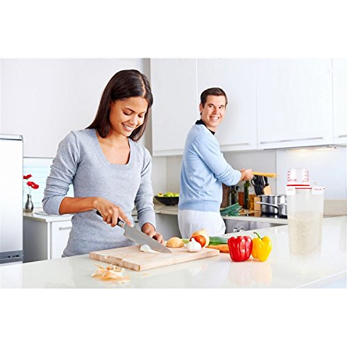 Rice Storage Containers with Airtight Design + with 4 Side Locking Lid + BPA Free Plastic + Measuring Cup + Pour Spout For Pantry Organization (2.5L Red)