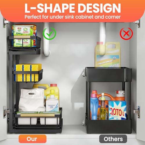 Aekenr Under Sink Organizer and Storage for Bathroom and Kitchen - 2 Pack 3 Tier Under Cabinet Pull Out Shelf Organizers - Slide Out Drawer Organization for Home Cabinets Shelves and Drawers