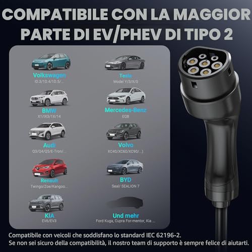 Tera Mobile Wallbox EV Charger Type 2: 11kW 400V 7.5m 6-16A Display 2.8" Three Phase CE & IP66 Charging Cable with Bag Electric Car Accessories EV Adapter P06