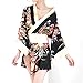 Superex Sexy Japanese Kimono Lingerie Costume Set Robe with Bow Belt, G-String (Black)