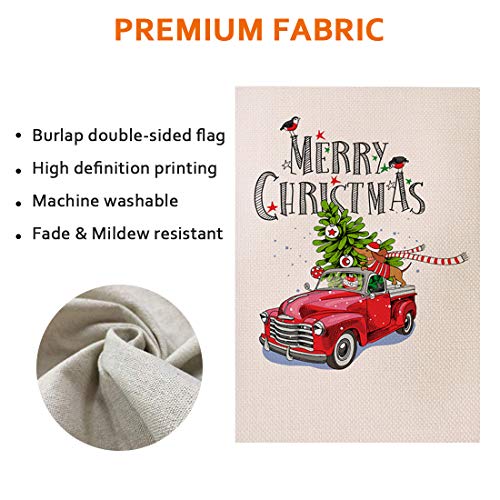 Merry Christmas Garden Flag Red Truck Vintage Tree - Home Xmas Quote House Yard Flag Pickup - Double Sided Burlap Rustic Winter Garden Yard Decorations, Vintage Seasonal Outdoor Flag 12 x 18 Holiday - Thumbnail 4