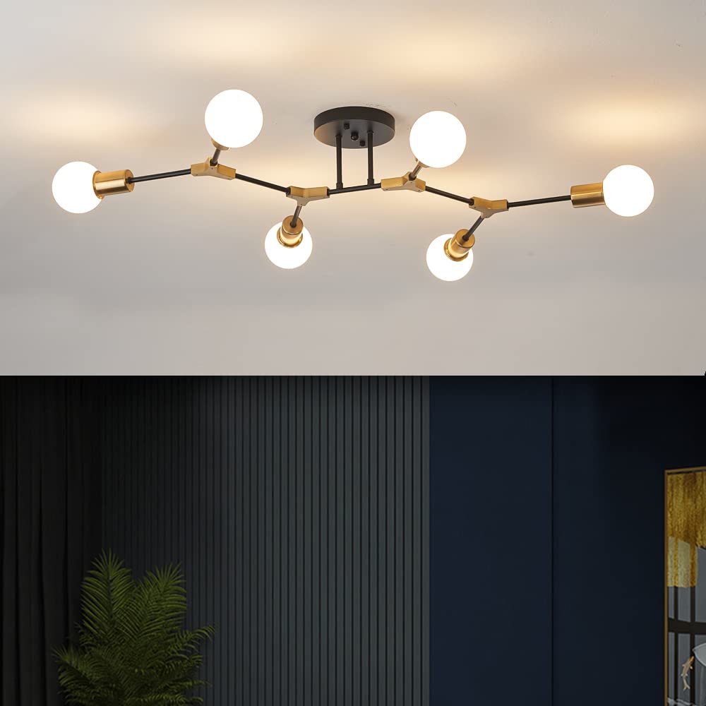 Photo 1 of QUOOBE Modern Mid Centur 6 Light Semi Flush Mount Ceiling Lighting Fixture for Living Room Bedroom Dining Room Hallway Kitchen Office,Minimalist Gold and Black Sputnik Chandelier