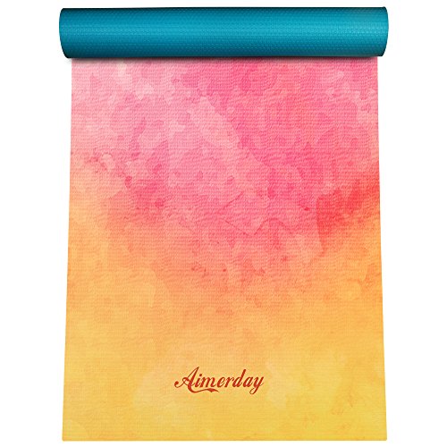 AIMERDAY Premium Print Yoga Mat Extra Thick 1/4″ Non Slip Eco Friendly High Density Anti-Tear 72 x 24 Inch Fitness Exercise Mat Floor Pilates Workout Mat for Yoga with Carrying Strap & Bag 6mm