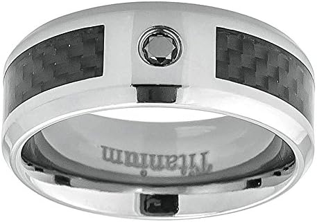 8mm High Polished Beveled Edge Black Carbon Fiber Inlay 0.05ct Black Diamond Titanium Band - Size 12