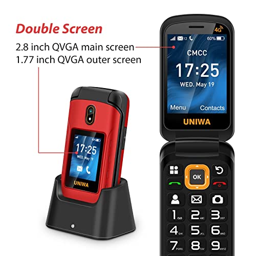 UNIWA 4G Unlocked Flip Phone for Seniors, Dual Screen Big Button Basic