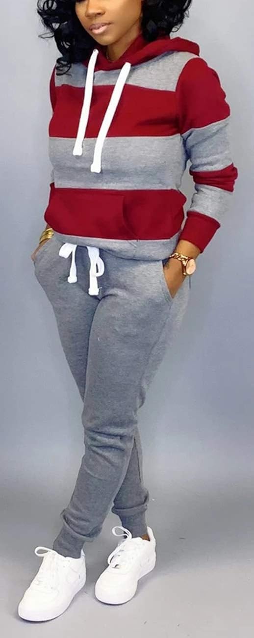 Womens Two Piece Tracksuit Set Casual Long Sleeve Sweatshirt Hoodies Color Block Jumpsuits