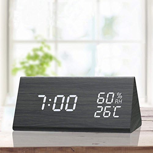 TooTa Digital Alarm Clock, 3 Alarm Settings, with Wooden Electronic LED Time Display, Temperature Detect, Ideal for Bedroom, Bedside, Kids, Batteries not Needed, Black