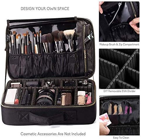 ROWNYEON Makeup Bag Travel Makeup Case Train Case Professional Portable Cosmetic Makeup Organiser Cosmetic Artist Storage Bag for Women EVA Adjustable Compartment 14.1"-14.6'' (Medium, Black)