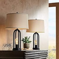 Marcel Modern Industrial Table Lamps Set of 2 with Nightlight LED USB Port Black Linen Shade for Living Room Bedroom - 360 Lighting