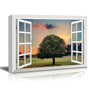 Creative Window View Canvas Prints Wall Art - Tree in Sunset - 24" x 36"