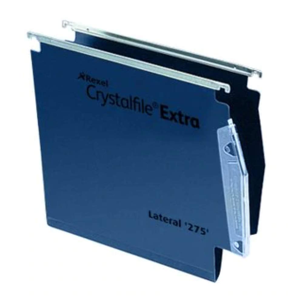 Rexel 275 Lateral Hanging Files with Tabs and Inserts, 15 mm V-base, Polypropylene, Blue, Crystalfile Extra, Pack of 25, 70639