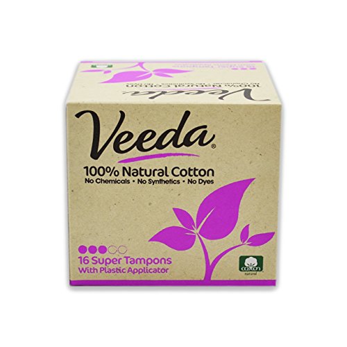 Veeda 100% Natural Cotton Tampons - Super Absorbency with leak proof protection - Compact BPA-Free Applicator - Unscented & Free from Chlorine, Toxin - 16 Count