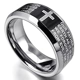 INBLUE Men's Tungsten Ring Band Black Silver Tone Comfort Fit Cross English Bible Lords Prayer