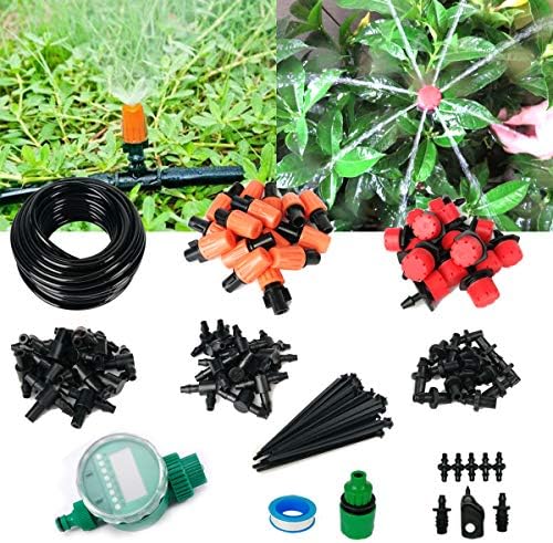 Auto Watering Drip Kit with Timer, 1/4" Blank Distribution Tubing Plant Irrigation Kit 2 Types Nozzle Auto Garden Irrigation System Micro Drip Irrigation System Irrigation Spray for Flower, Lawn