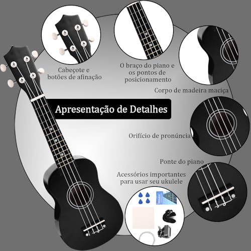 Gavzrt Ukulele 21 Polegadas, Acústico Soprano, Violao Acustico, Kit Ukulele 21 Polegadas, Ukulele Concert, Violão Iniciante, Com Afinador Capa 4 Palhetas Corda Reserva e Manual, Ukelele