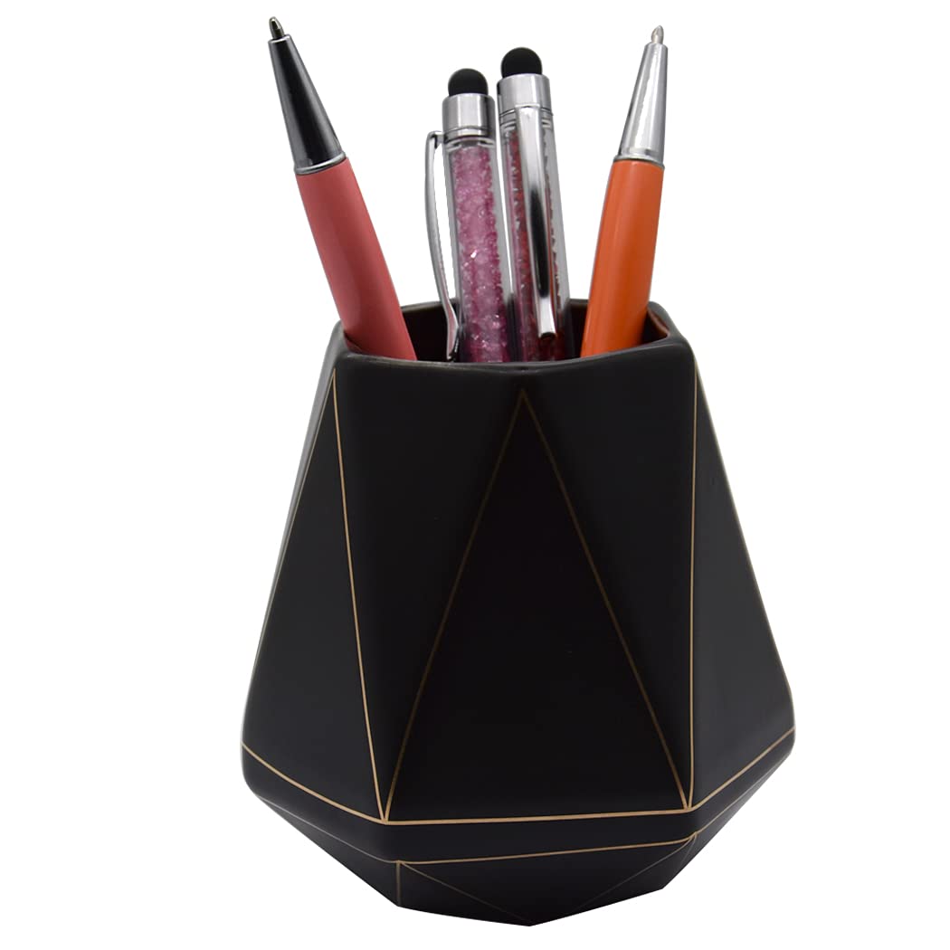 Hoshen Ceramic Geometric Polyhedron Pen Holder, Golden Striped Line, For Desk Use, Cosmetic Brush Holder, Ceramic Pen Holder, Suitable for Home 、Office，Matte Black
