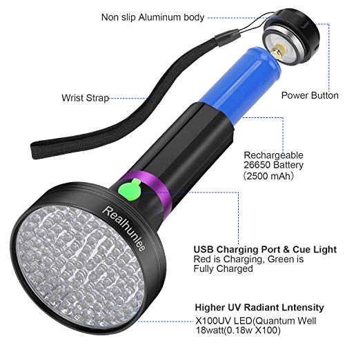 UV Black Light Flashlight Rechargeable 26650 Powerful 100 LED Pet Dog