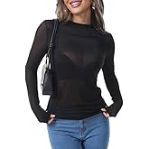 Sheer Tops for Women Mock Neck Black Mesh Long Sleeve Top Country Concert Outfits See Through Tops for Women