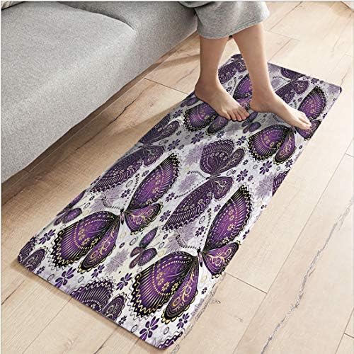 Flannel Bedroom Water Uptake Indoor Modern Anti-Skid Carpet,17.71" W x 45.27" L,Natural,Ethnic Asian Butterflies with Paisley Motif on Wings Flowers Art Print Decorative,Plum Purple Lilac White