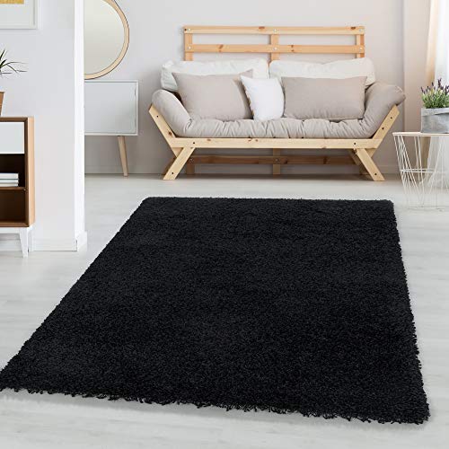 Carpetsale24 Shaggy Hochflor Teppich 80x250 cm Schwarz weich flauschig modern einfarbig Für schmale Räume oder Küche für Wohnzimmer Schlafzimmer Flur