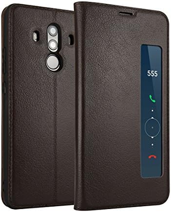 ERLI Huawei Mate 10 Pro Case, Cowhide [GENUINE LEATHER] + Ultraslim Flip Cover Case [Dual Smart Window View] + Magnetic Closure (Brown)