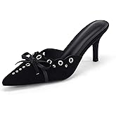 Coutgo Women's Bow Tie Mule Heels Pointed Toe Studded Backless Stilettos Slip On Dress Pump Shoes