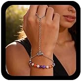 Jugielu Boho Chain Finger Ring Bracelet Colorful Bead Bracelet Silver Chain Slave Bracelet Rainbow Beads Bracelet Bead Slave Finger Bracelet Adjustable Hand Chain Bracelet Jewelry for Women