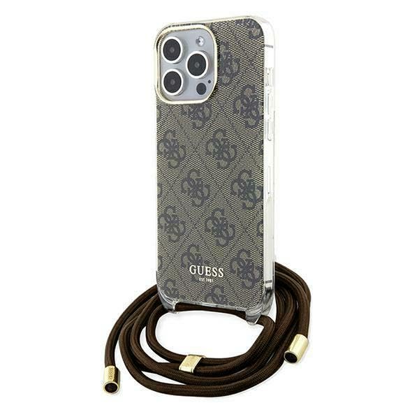Guess GUHCP15LHC4SEW Case for iPhone 15 Pro 6.1 Inch Brown Hard Case Crossbody Cord 4G Print