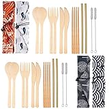 4 Set Bamboo Cutlery Set Bamboo Travel Utensils Set, Reusable Bamboo Utensil Fork Knife Spoon Chopsticks Straw Cleaning Brush with Carrying Bag for Travel Picnic Office School