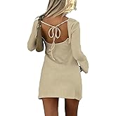 Womens Mini Dress Knit Crew Neck Flare Long Sleeve Tie Back Dress Casual Elegant Dress for Women Solid Backless Dress