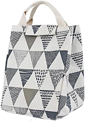 Reusable Printed Lunch Bag, Non-Toxic Eco-Friendly Canvas Fabric Insulated Waterproof Aluminum Foil, Lunch Box Tote Handbag for Women, Students Bento Cooler Bag ( Grey Triangle Pattern)