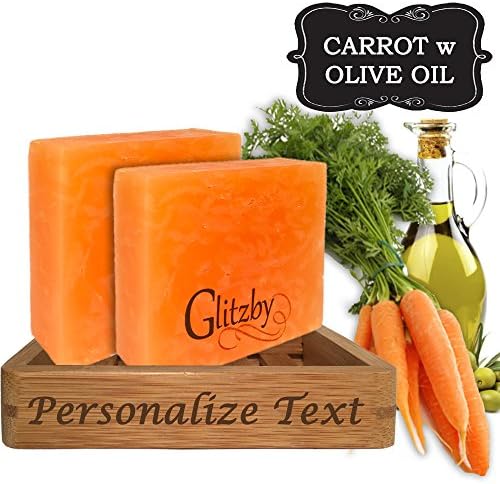Personalized Handmade Soap - Carrot Soap with Olive Oil (2 pack with Bamboo Soap Dish) Cold Process Soap Bar with Tray