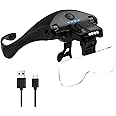 Headband Magnifying Glass with 4 LED Lights, Rechargeable Head Magnifier with 5 Detachable Lenses 1.0X, 1.5X, 2.0X, 2.5X 3.5X - Hands Free Lighted Magnifier Glass for Jewelry, Crafts, Cross Stitch