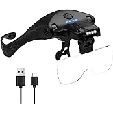 Headband Magnifying Glass with 4 LED Lights, Rechargeable Head Magnifier with 5 Detachable Lenses 1.0X, 1.5X, 2.0X, 2.5X 3.5X