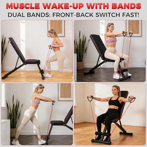 Adjustable Weight Bench, Full Body Workout Strength Training Bench Press Foldable Incline Decline Bench Sit Up Exercise Equipment for Home Gym with Dual Bands