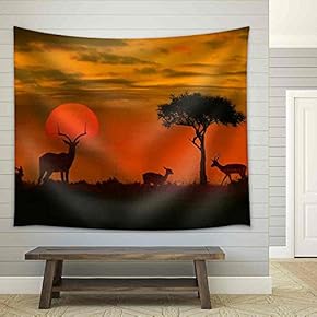 African Sunset with Silhouette of The Animals - Fabric Wall Tapestry Home Decor - 51x60 inches
