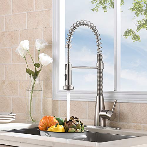 VESLA HOME Commercial Single Handle Pull Down Out Sprayer Spring Stainless Steel Kitchen Faucet, Brushed Nickel Kitchen Sink Faucet