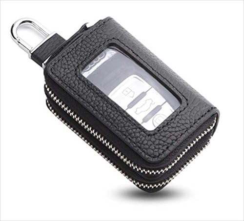 Vegang Car key Case Genuine Leather Smart Key Holder Zip Case Window (Black)