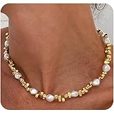 Dainty Gold Pearl Statement Collarbone Necklace for Women,Vintage White Baroque Pearl Beaded Choker,Personalized Trendy Jewelry Accessories Gifts