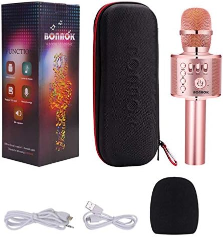 Portable Bluetooth karaoke microphone by BONAOK with built-in battery, suitable for singing with connection capabilities.