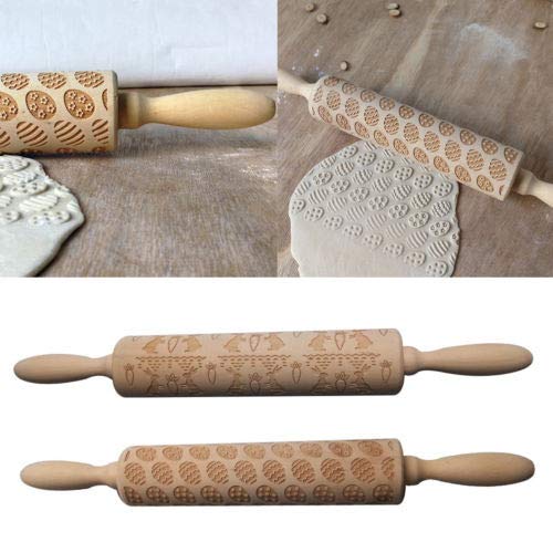 SSYongxia❤ Fashion Radish Printing Rolling Pin Engraved Carved Wood Embossed Rolling Pin Kitchen Tool