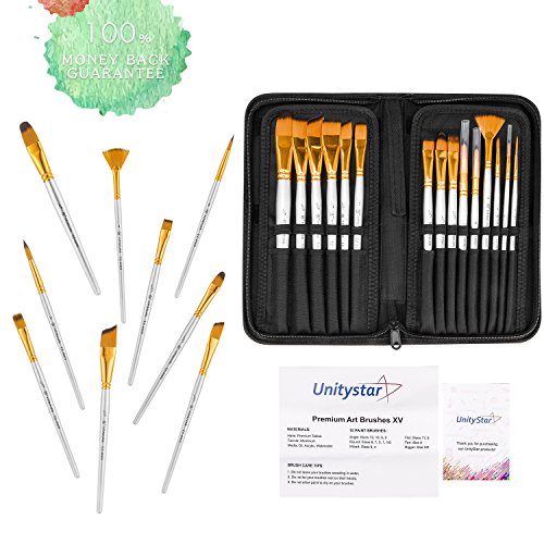 Paint Brush Set, UnityStar 15 PCS Short Handle Synthetic Art Painting Brushes with Case for Acrylic Watercolor Oil Paint