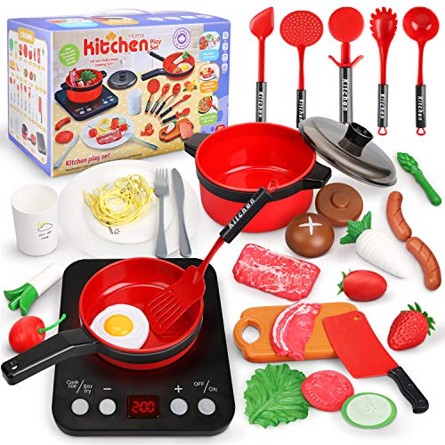 Sanlebi Küchenspielzeug, Kinderküche Zubehoer mit Töpfe, Pfannen Set Realistischer Licht & Sound Induktionsherd, Gemüse…