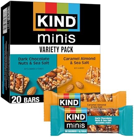 KIND Mini Snack Bars Variety Pack, Gluten Free, Low Sugar, Low Calorie Snacks, Dark Chocolate Nuts & Sea Salt, Caramel Almond & Sea Salt, 20 Count